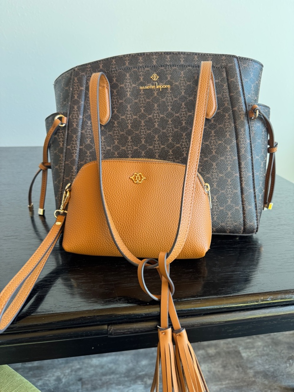 Brown Monogram Tote with Tan Pouch - Designer Style Women Bag